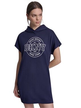 DKNY Navy Hooded T-Shirt Dress with Logo